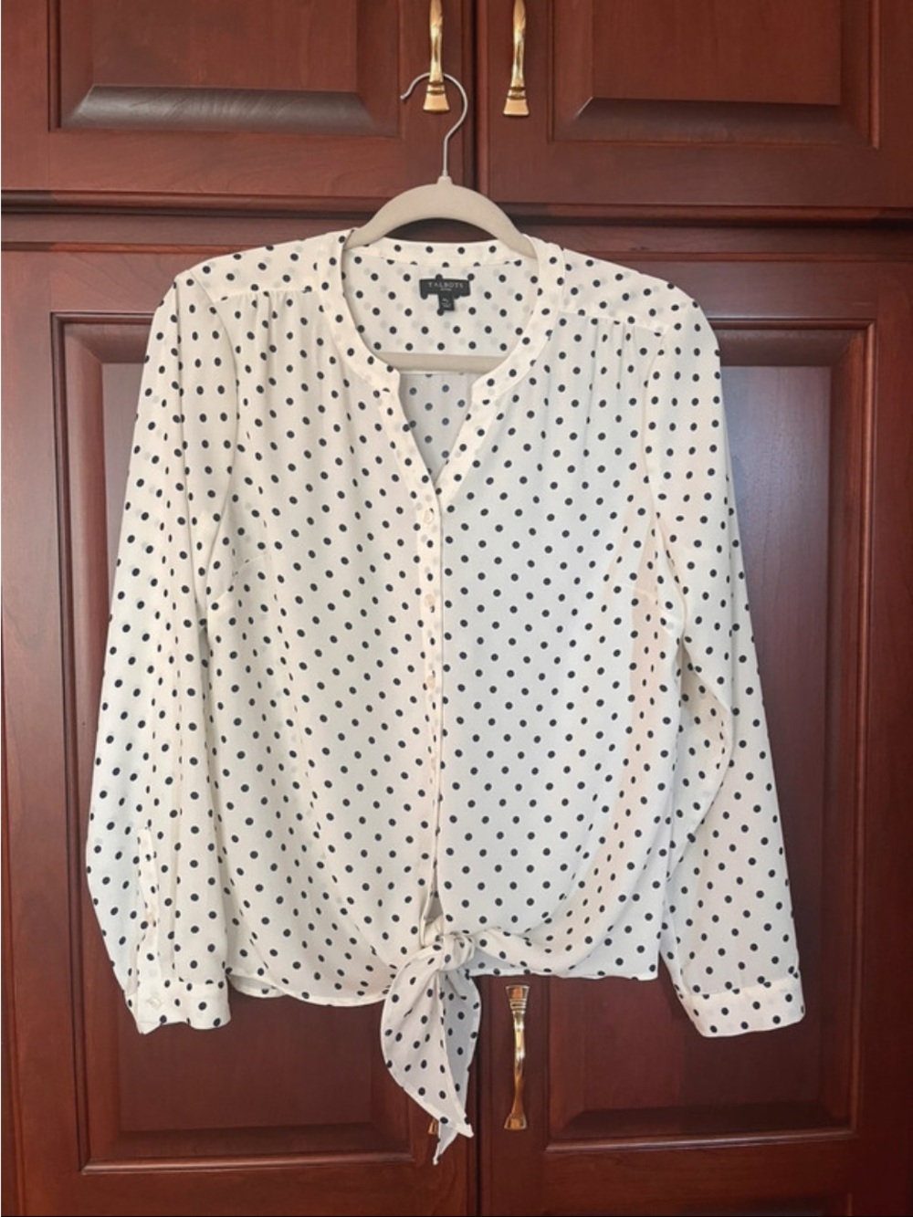 Talbots Cream Blouse with Black Polka Dots and Front Tie medium petite